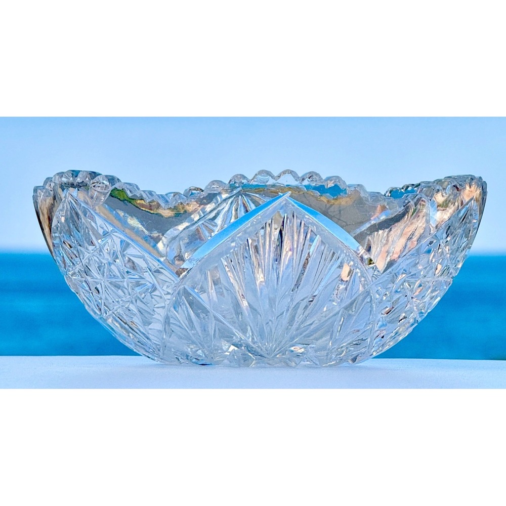 ABP Cut Glass Bowl Sawtooth Rim Serving Dish Clear Starburst Scalloped VTG 7in